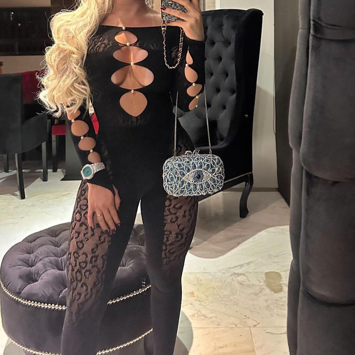 Women's Sexy Long-Sleeve Bodysuit — Cutout Jumpsuit with Sheer Mesh