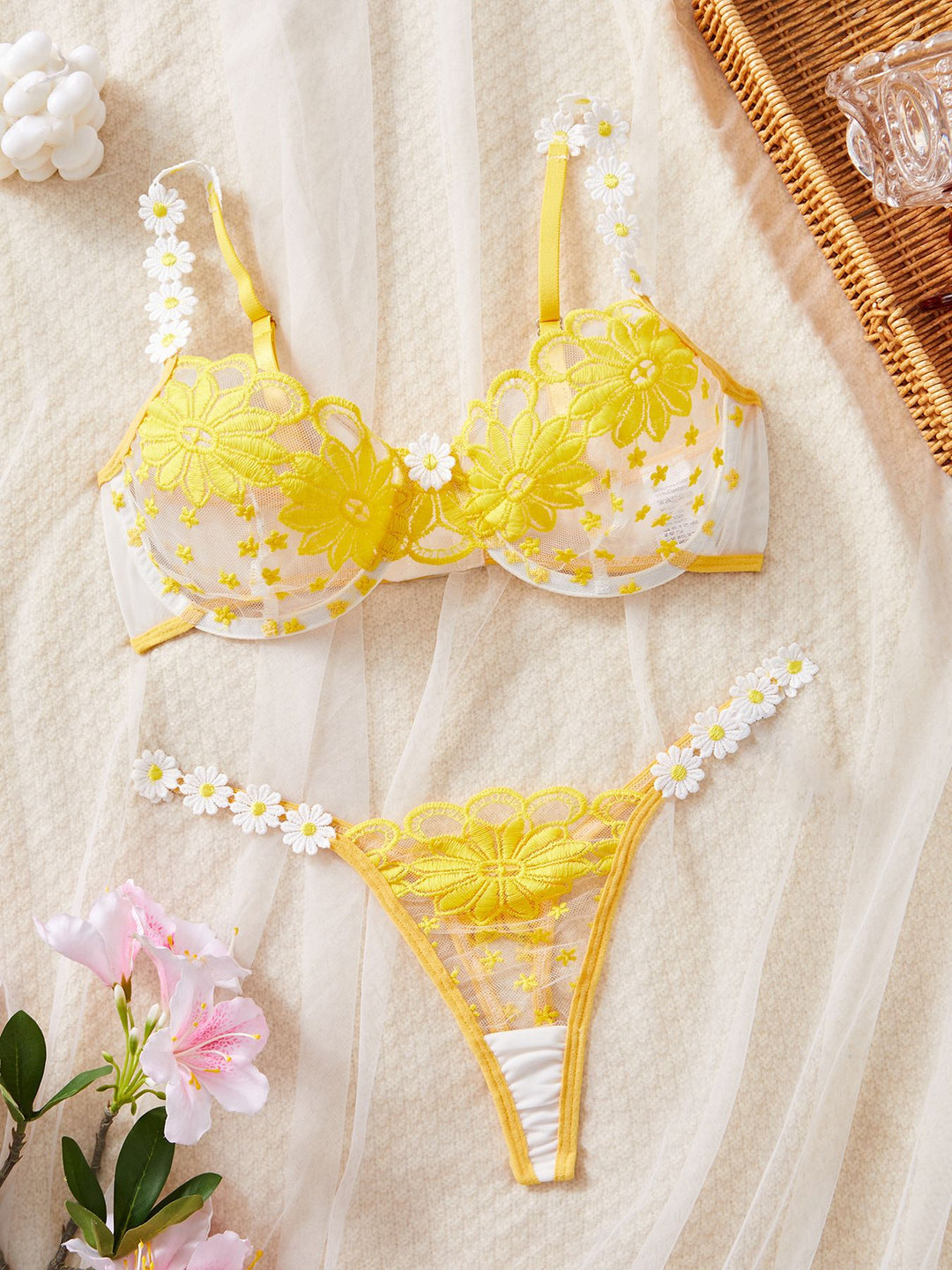 Sheer Floral Embroidery Lingerie Set – Daisy Mesh Bra & Thong Set for Women