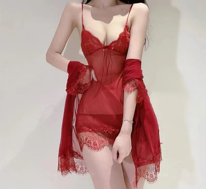 Plus Size Lace Sleepwear Set – Mesh Cami Dress 3-Piece Lounge Set for Women