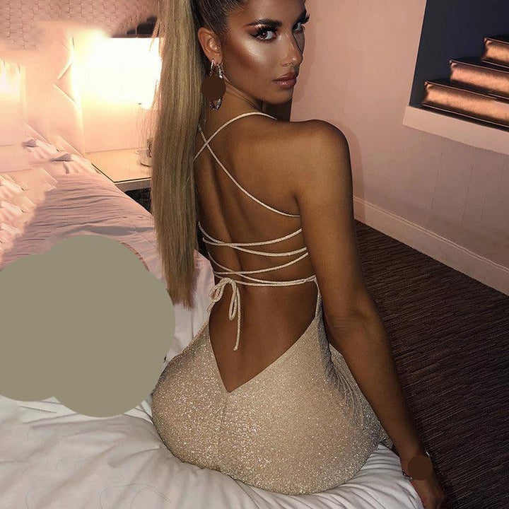 Sparkling temperament backless strappy halter women's dresses