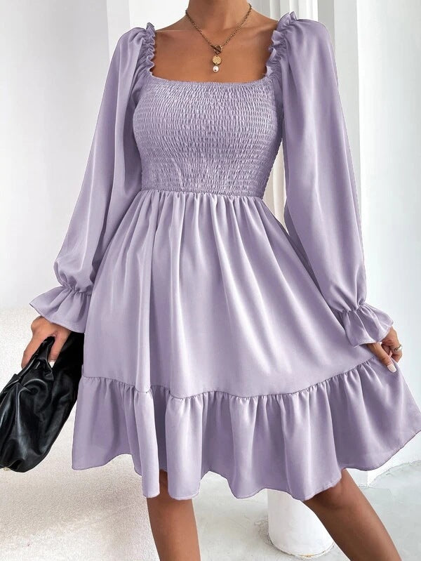 Women’s Square Neck Smocked Ruffle Hem Mini Dress