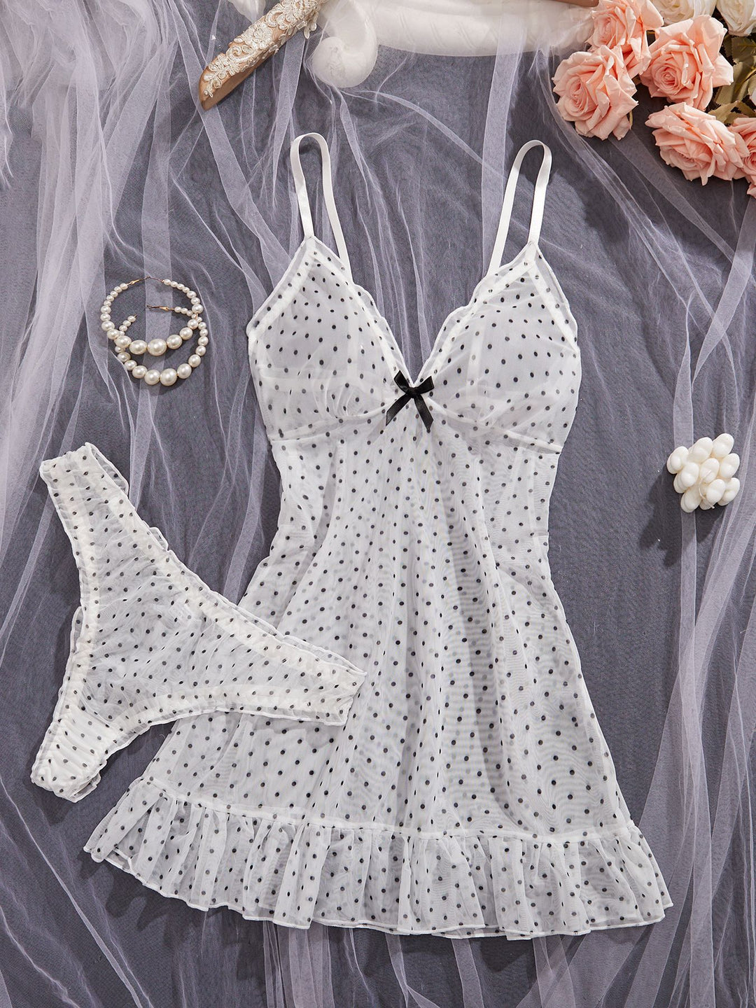 Polka Dot Sheer Mesh Nightdress Set – Lightweight Cami Sleepwear for Women