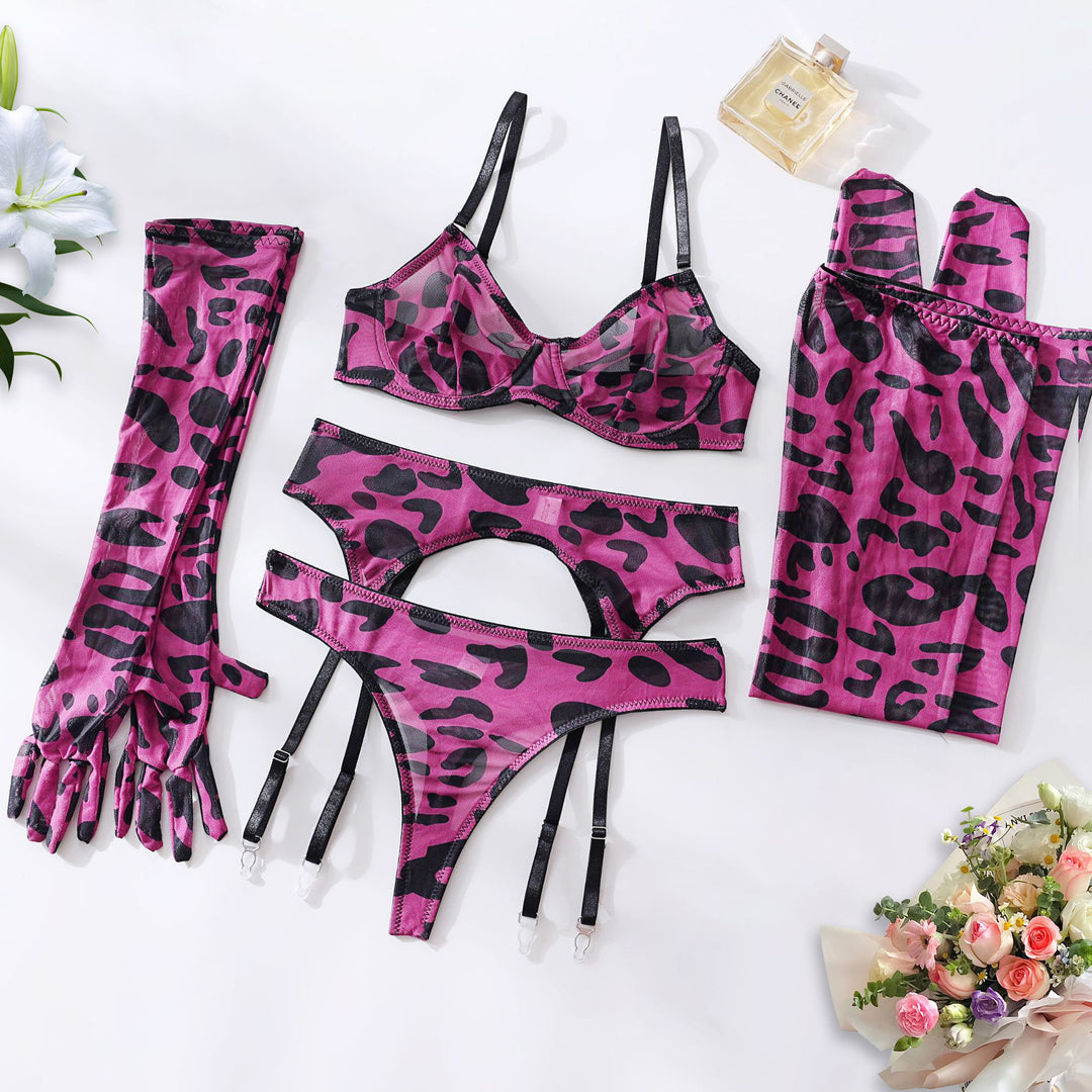 Women’s 5 Piece Lingerie Set – Tie-Dye Mesh Bra and Panty Set