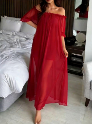 Sheer Mesh Maxi Nightdress – Ruffle Shoulder Elegant Sleep Dress for Women