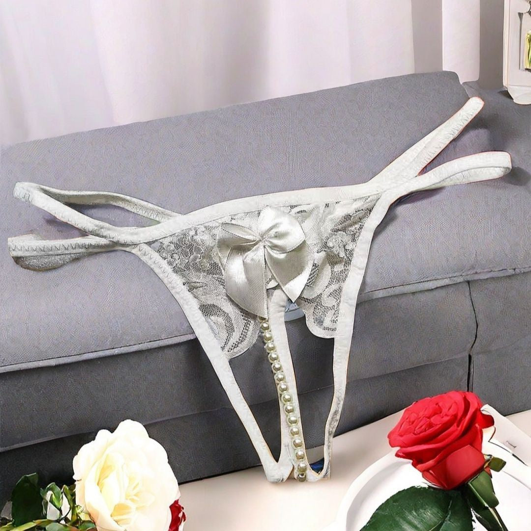 Women’s Lace Thong – Sheer Bow Pearl Detail Lingerie Panty