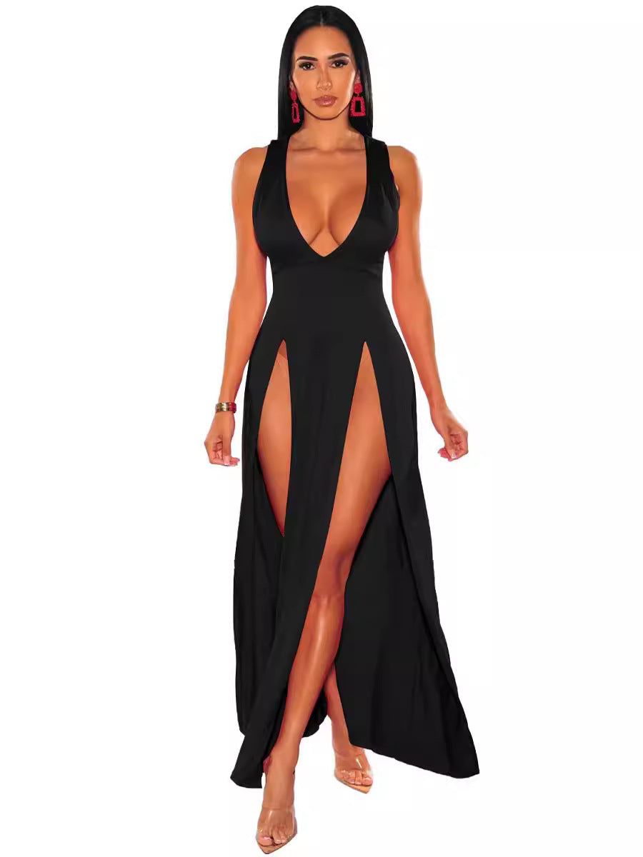 Slim Fit Maxi Dress – Deep V High Slit Party Dress