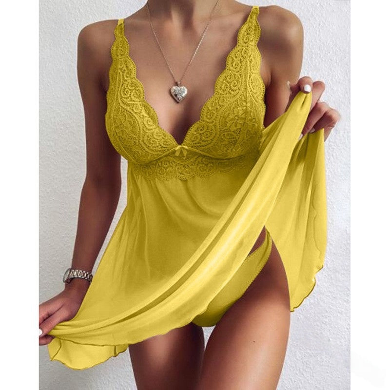 Satin Lace Slip Dress – Deep V Backless Nightdress for Women