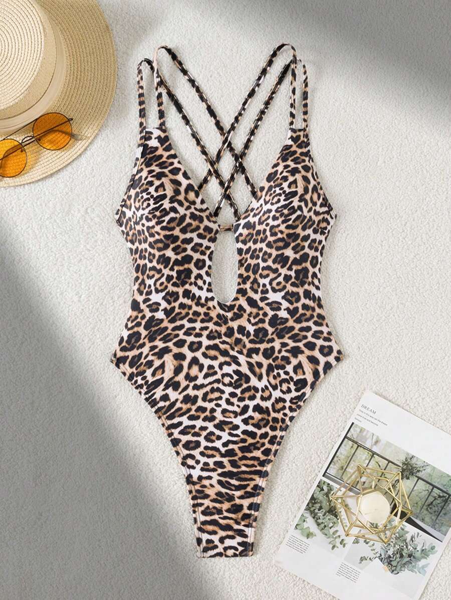 Leopard Print One-Piece Swimsuit – Cross Back Beach Vacation Swimwear for Women