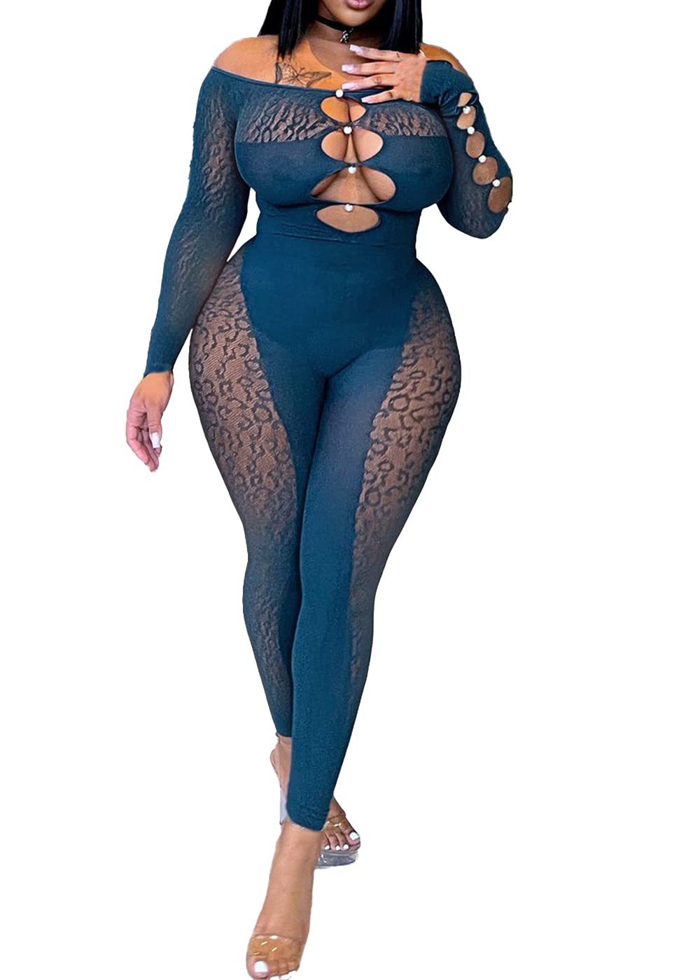 Women's Sexy Long-Sleeve Bodysuit — Cutout Jumpsuit with Sheer Mesh