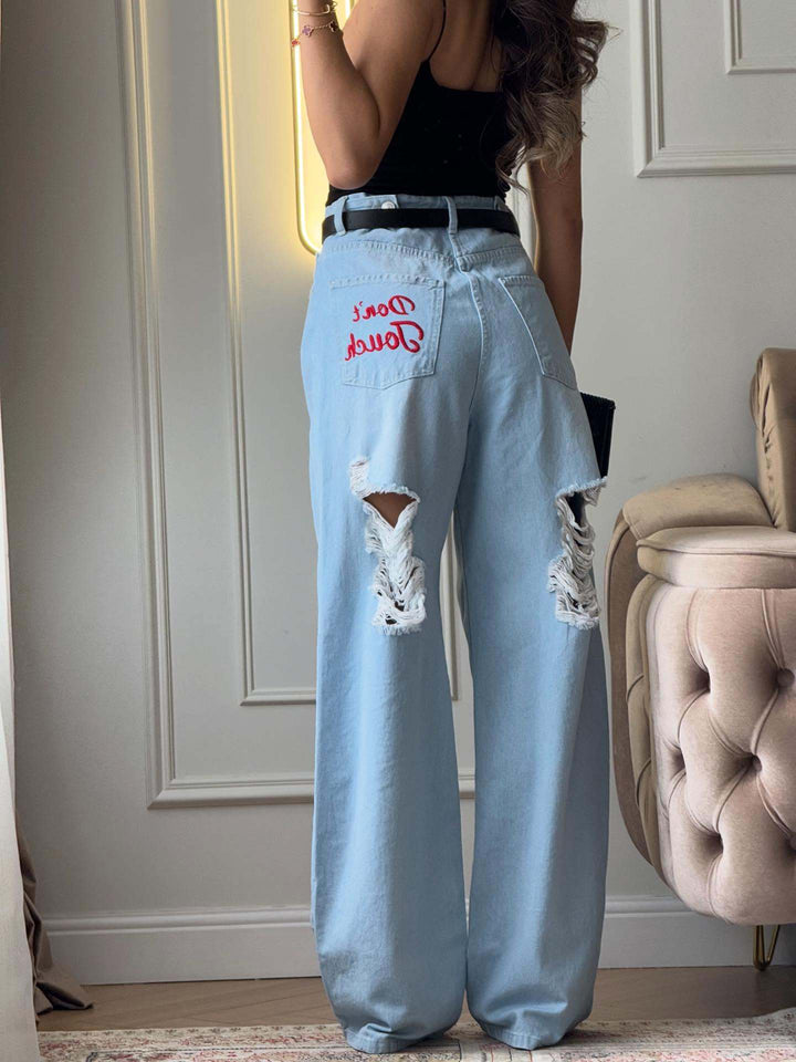 Vintage Distressed Wide Leg Jeans – High Waist Embroidered Denim Pants for Women
