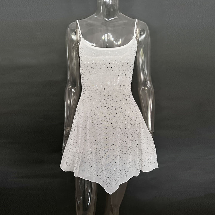 Sexy Rhinestone Sheer Mini Dress for Women – Spaghetti Strap Sparkly Party Outfit