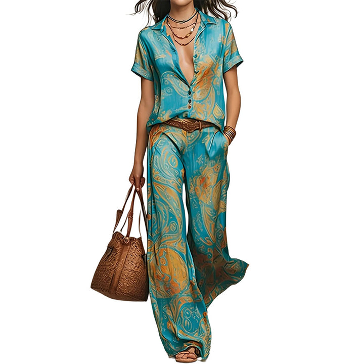 Printed Shirt & Wide Leg Pants Set