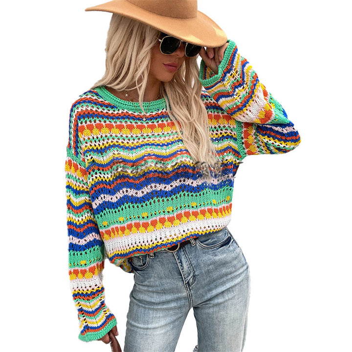 Colorful Striped Crochet Knit Sweater