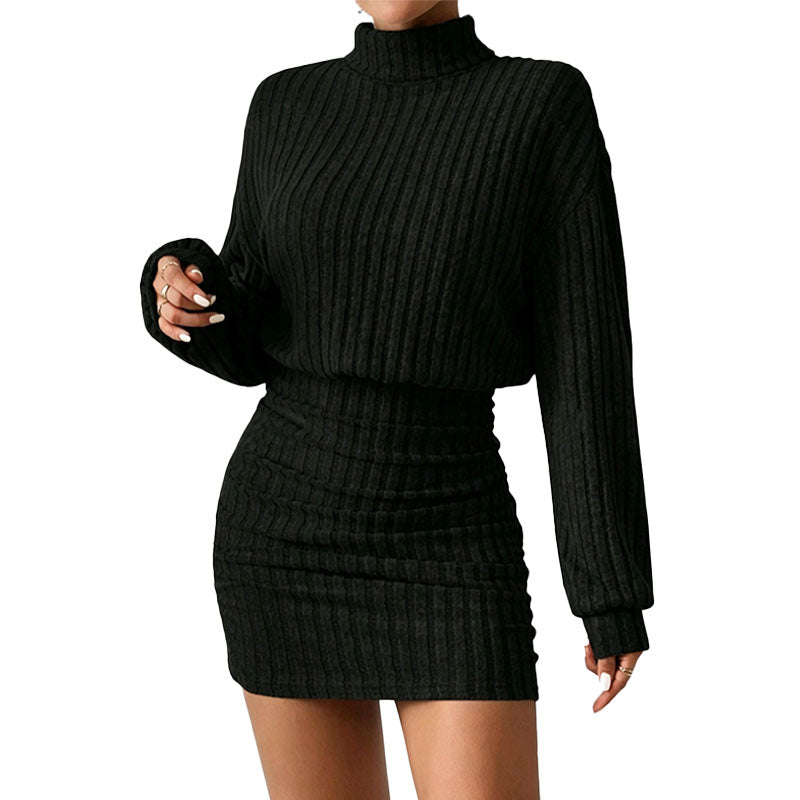 Ruched Ribbed Turtleneck Mini Dress
