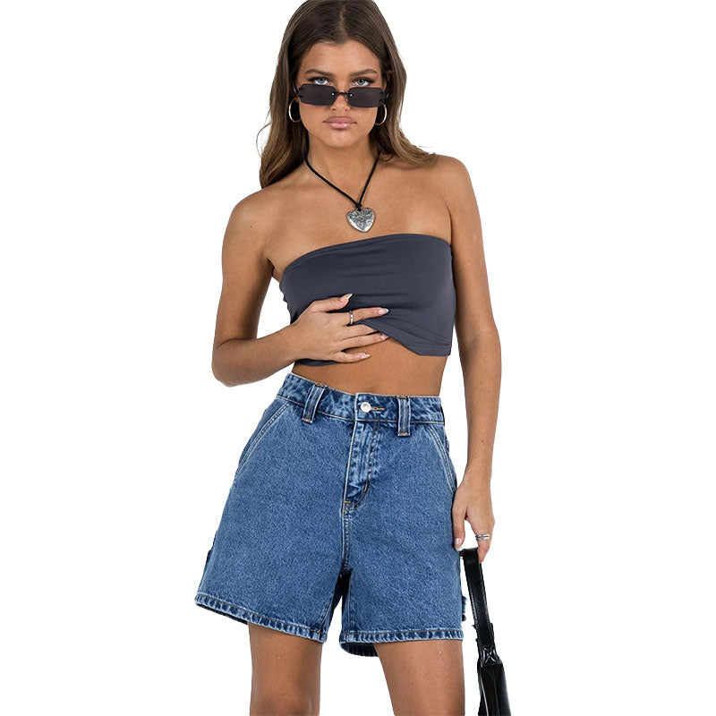 High Rise Denim Bermuda Shorts