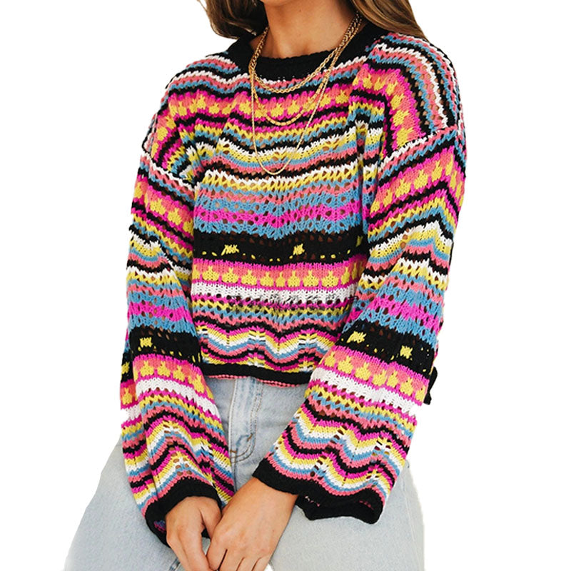 Colorful Striped Crochet Knit Sweater