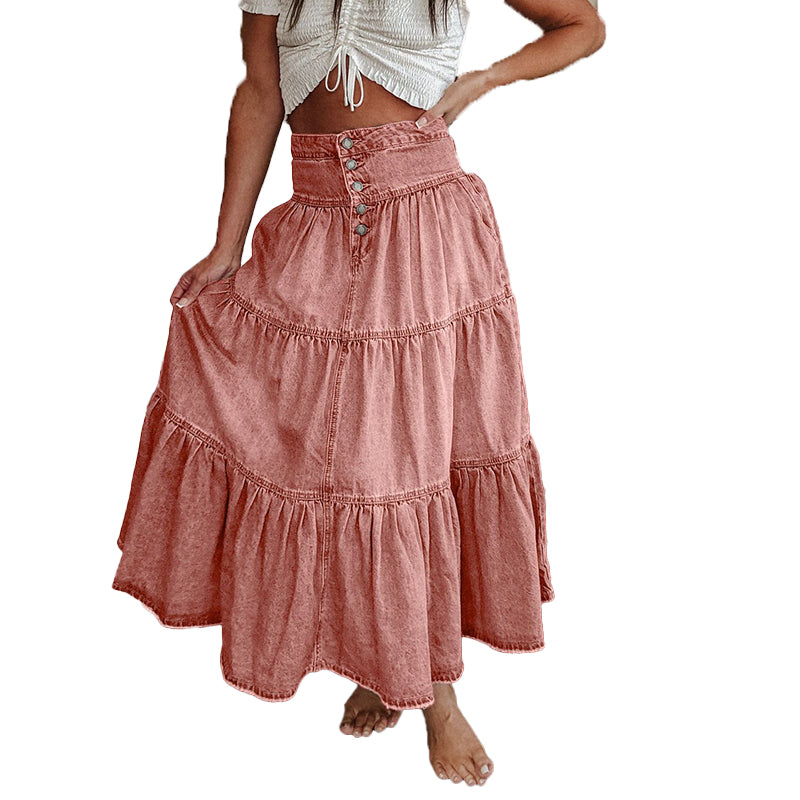 High Waist Tiered Denim Maxi Skirt