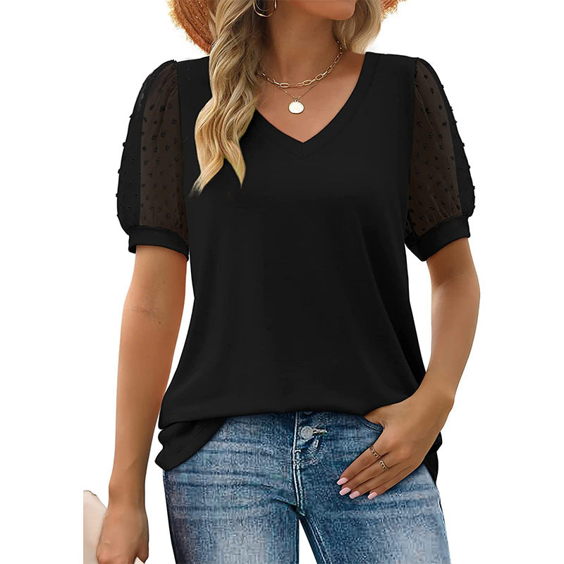 Swiss Dot Puff Sleeve V-Neck Top