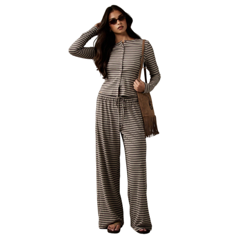 Striped Cardigan & Wide Leg Pants Set