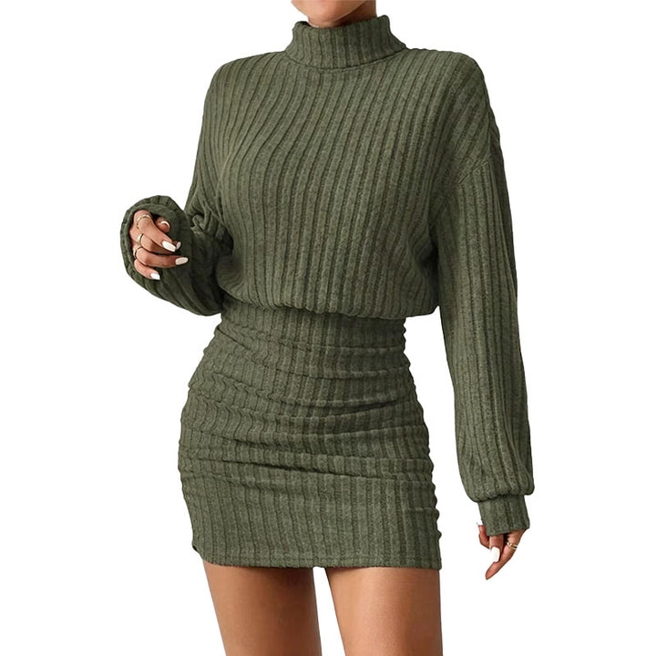 Ruched Ribbed Turtleneck Mini Dress