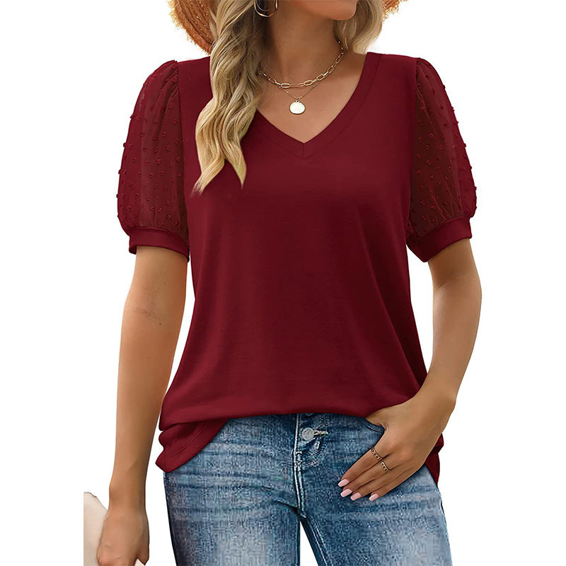 Swiss Dot Puff Sleeve V-Neck Top