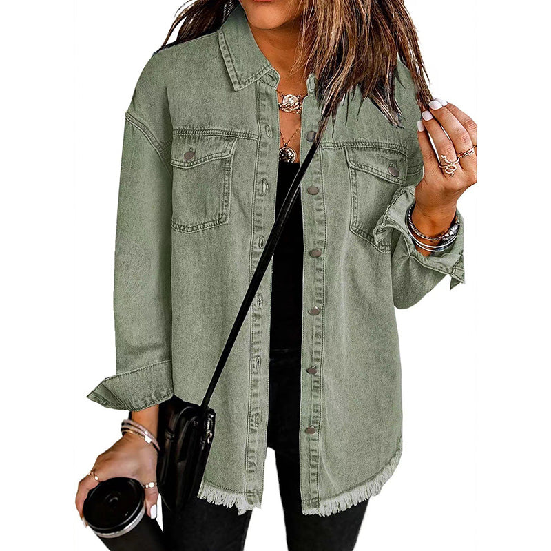 Frayed Hem Denim Shirt Jacket