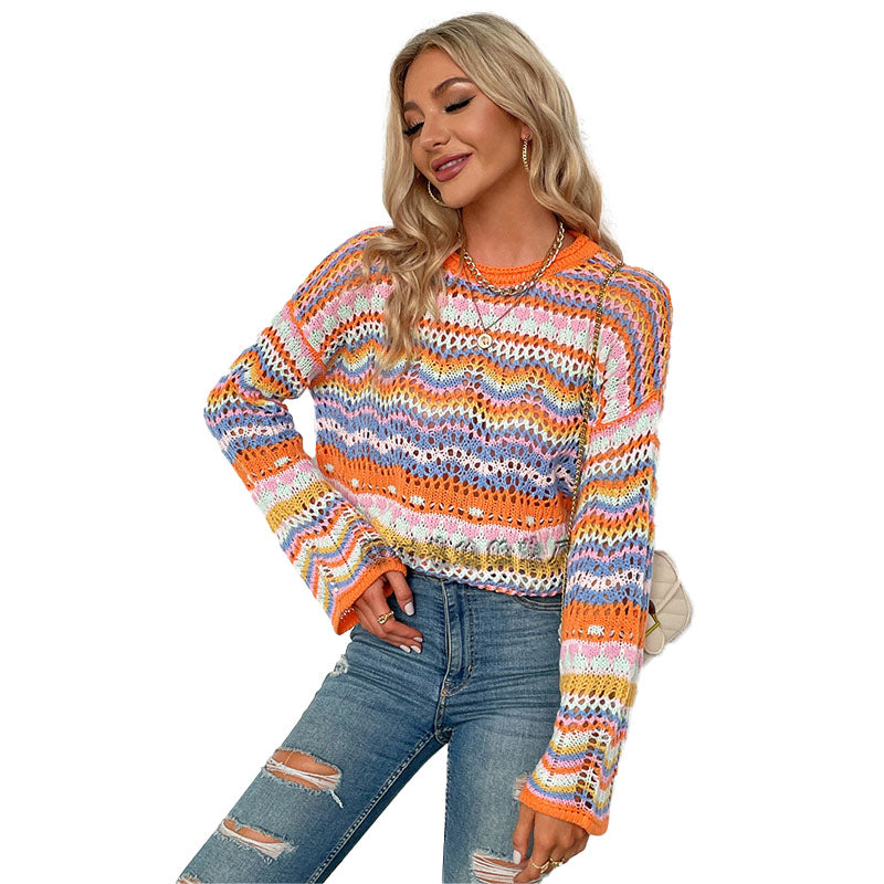 Colorful Striped Crochet Knit Sweater