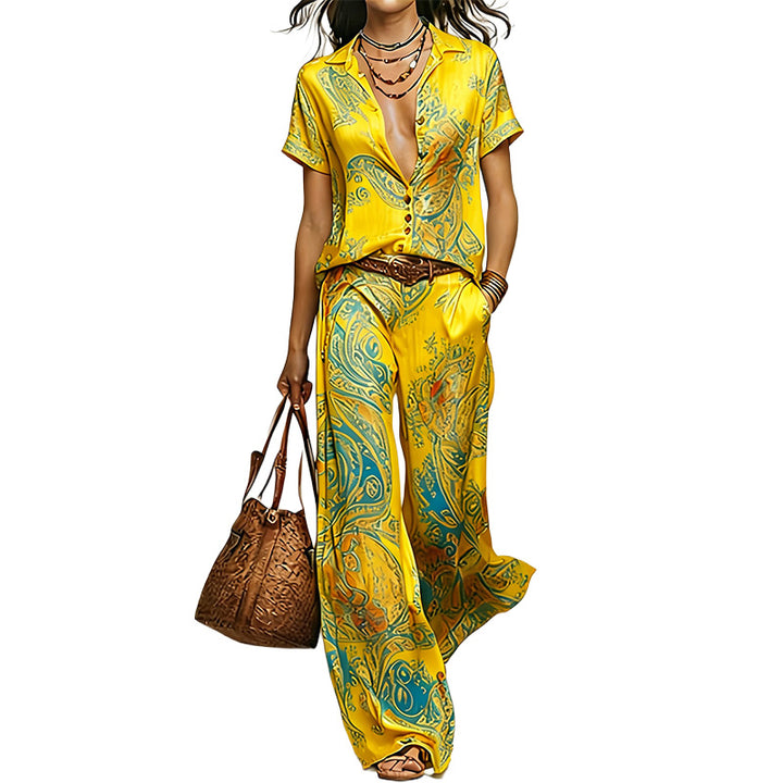 Printed Shirt & Wide Leg Pants Set