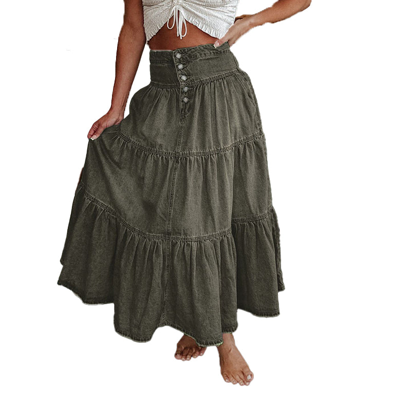 High Waist Tiered Denim Maxi Skirt