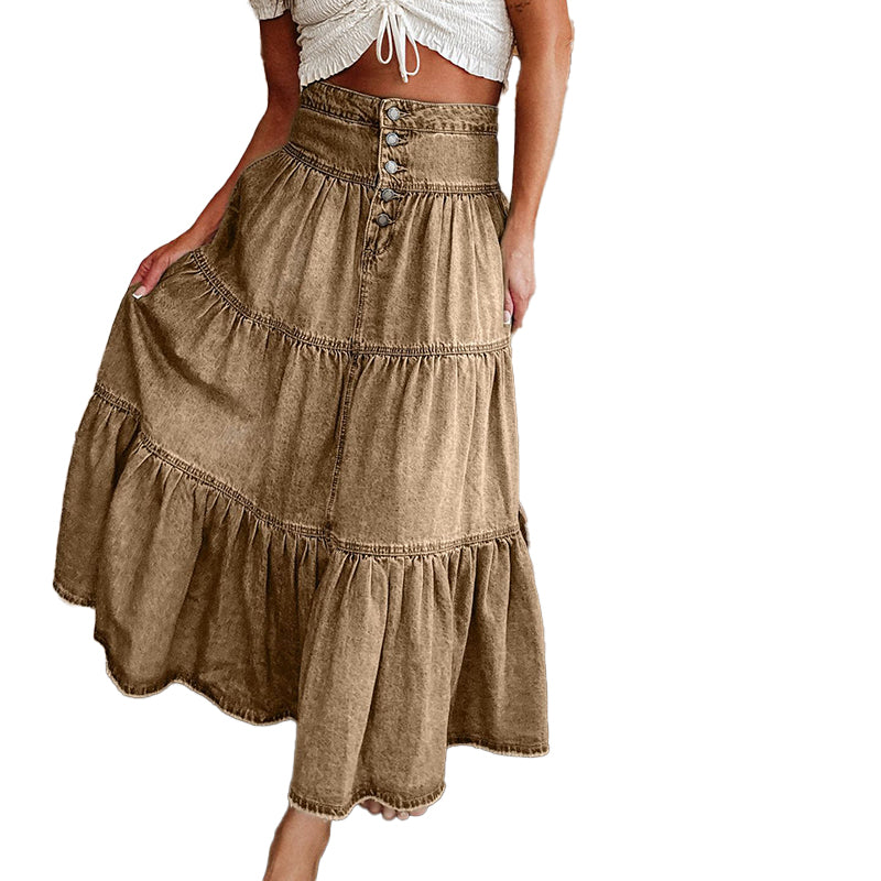 High Waist Tiered Denim Maxi Skirt