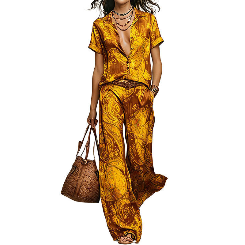 Printed Shirt & Wide Leg Pants Set