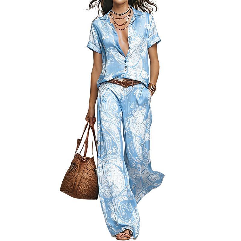 Printed Shirt & Wide Leg Pants Set