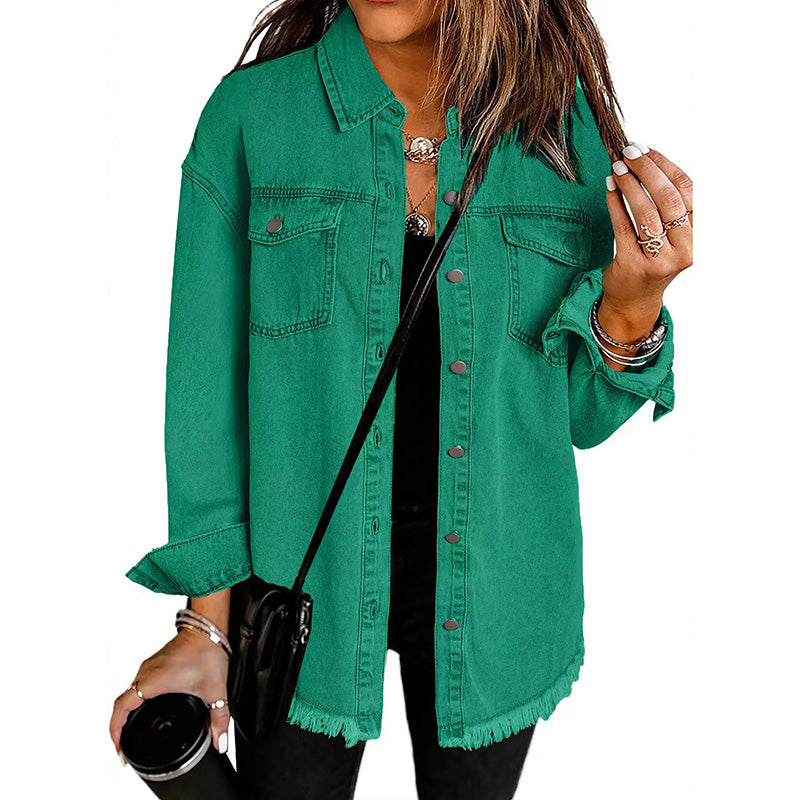 Frayed Hem Denim Shirt Jacket