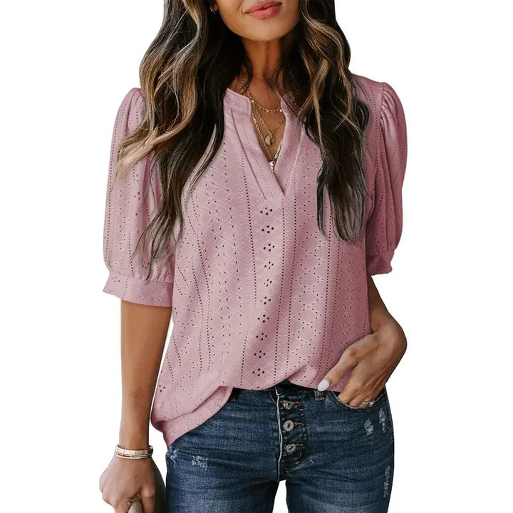 Eyelet V Neck Casual Blouse