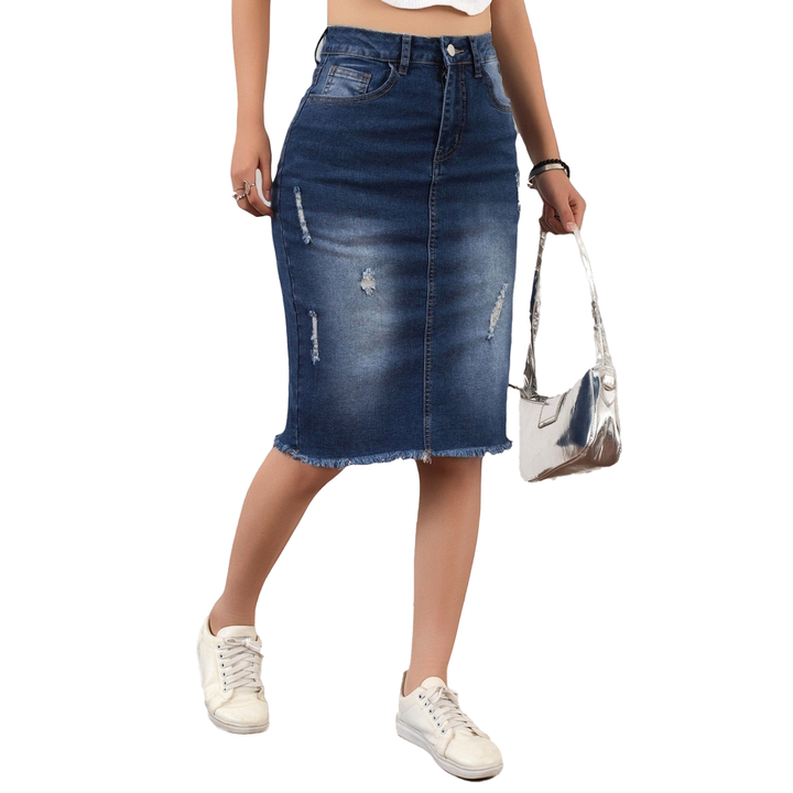 Slim-Fit Distressed Denim Skirt