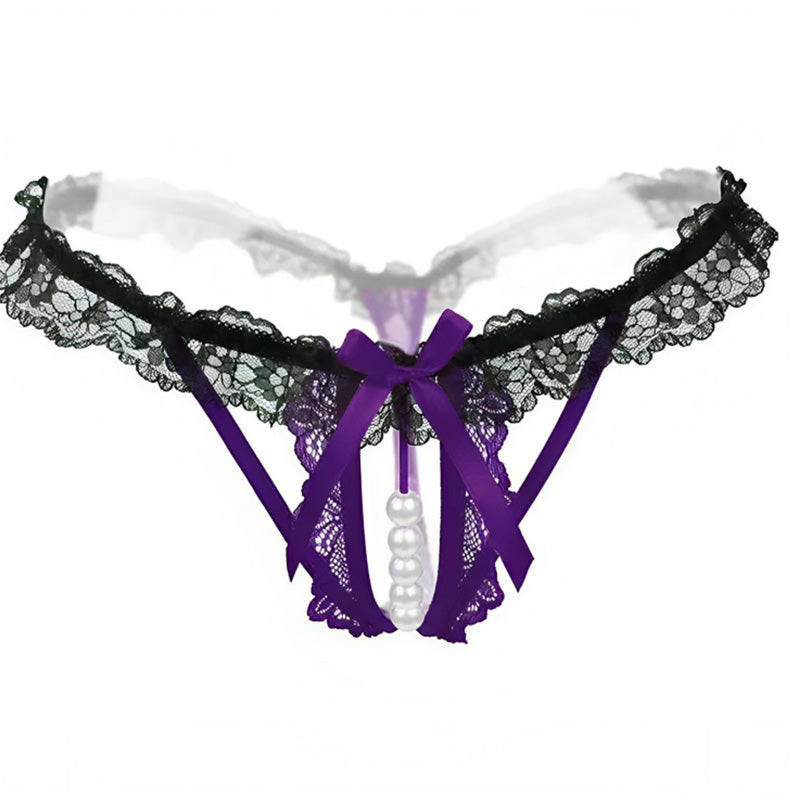 Lace Bow Pearl Detail Thong