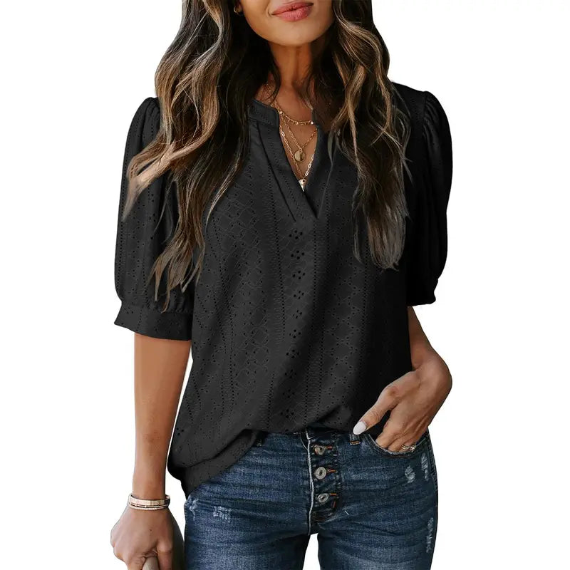 Eyelet V Neck Casual Blouse