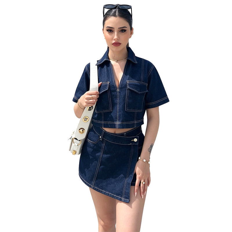 Cropped Denim Shirt & Mini Skirt Set