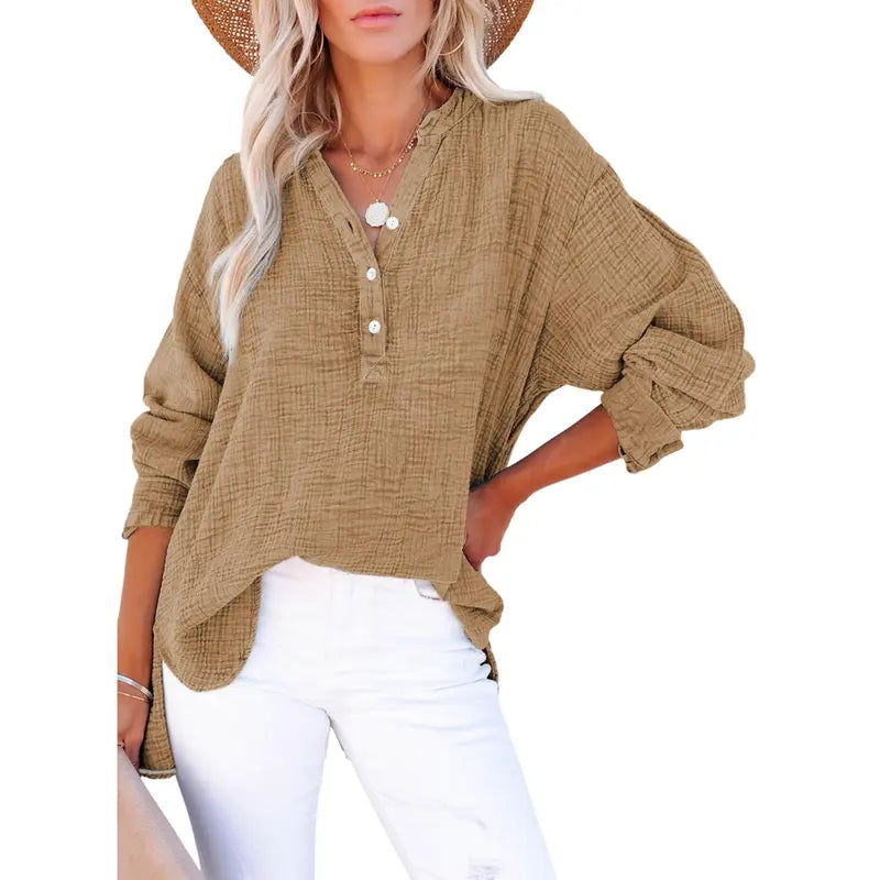 Textured Casual V Neck Top