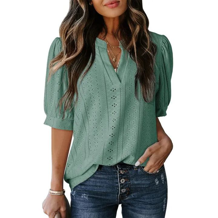 Eyelet V Neck Casual Blouse