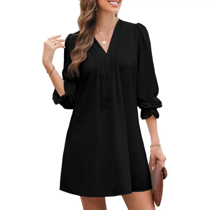 Pleated V Neck Mini Dress