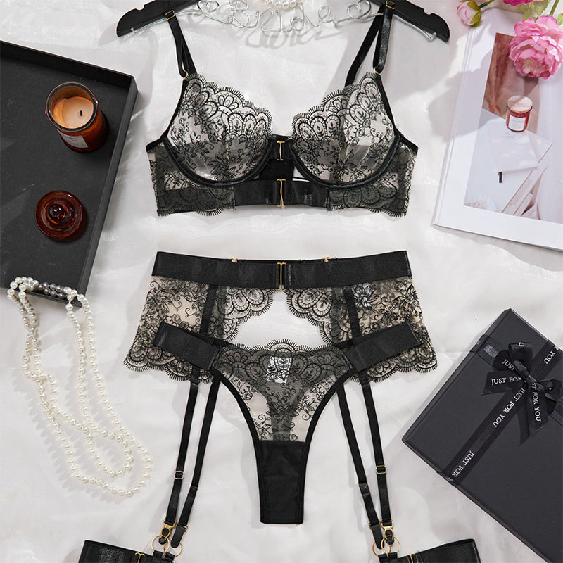Sheer Embroidered Lace Lingerie Set