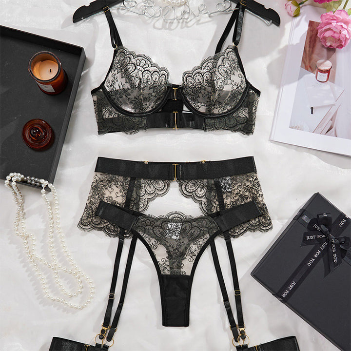 Sheer Embroidered Lace Lingerie Set