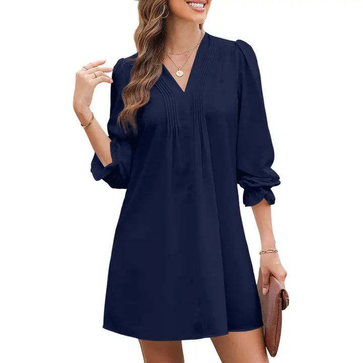 Pleated V Neck Mini Dress