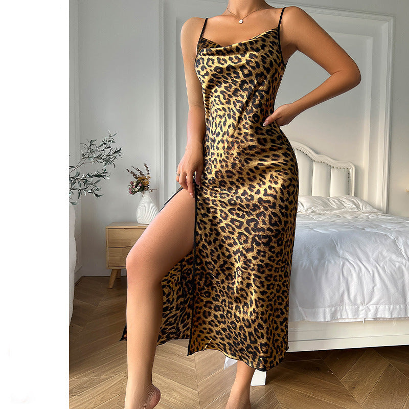 Leopard Print Nightgown Women Backless Split Halter Nightgowns